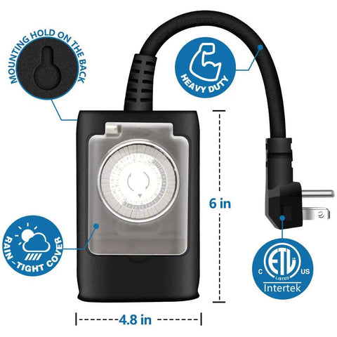 Set It And Forget It 24 Hour Mechanical Timer Outlet For Outdoor Lights with heavy duty waterproof design, 6 inch height, and 4.8 inch width.