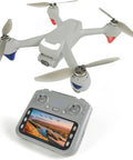 G7 Drone With Camera Gray Model and controller showing a landscape; portable foldable design for travel, easy to fly for beginners.