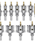 Pro Grade Tungsten Carbide Hole Saw Kit For Hard Metal, 12 Piece Set, showcasing titanium plated TCT cutters and varied sizes.