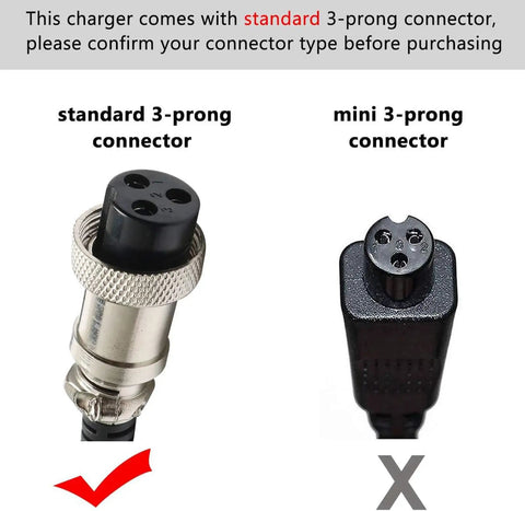 Comparison of standard and mini 3-prong connectors for Beefy 24V 2A DC Battery Charger for 24V electric scooters, bikes, karts.