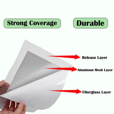 Cross-section view of 7.87 Inch Drywall Repair Patch Kit Peel And Stick For Large Holes showing release, aluminum mesh, and fiberglass layers.
