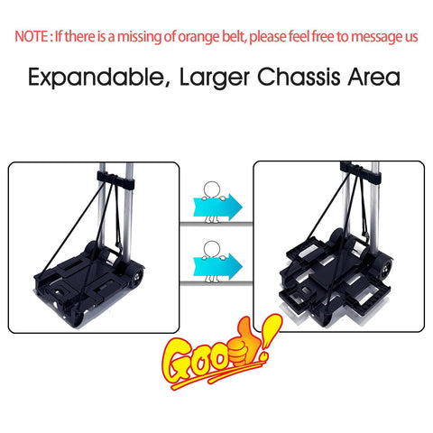 Extendable Car Seat Travel Cart For Airports With Folding Stowable Base Plate And Smooth Wheels shown folded and expanded