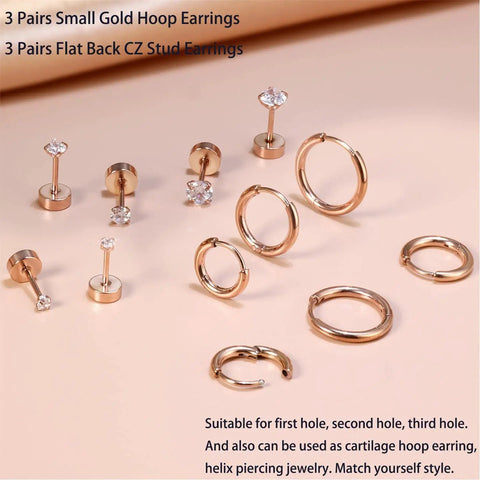Six Piece Earring Set For Multiple Piercings With Lightweight 14K Gold Plated Tiny Huggie Hoop Earrings And Flat Back CZ Stud Earrings For Cartilage Helix And Lobe Piercings Hypoallergenic And Ear Stack Ready, 6mm-10mm hoops
