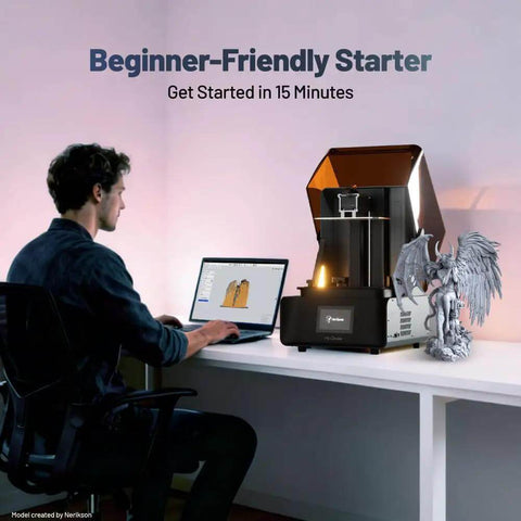 Man using RS Resin 3D Printer With Beefy 8.74 By 4.8 By 8.98 Inch Build Volume For Parts Delivers About 15 Micron Precision And 4.5 Second Per Layer Speed Includes C5 Industrial Z Axis And Auto Leveling With One Click Slicing for model creation
