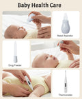 All-In-One Baby Care Kit With 26 Tools Including Electric Nail Trimmer Safe File With Auto Light Portable Nursery Health Care Set For Newborns Toddlers Boys And Girls For Home Travel Grey - baby health care tools displayed next to infant, including nasal aspirator and thermometer.