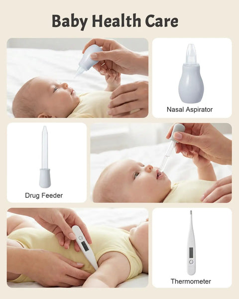 All-In-One Baby Care Kit With 26 Tools Including Electric Nail Trimmer Safe File With Auto Light Portable Nursery Health Care Set For Newborns Toddlers Boys And Girls For Home Travel Grey - baby health care tools displayed next to infant, including nasal aspirator and thermometer.