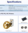 Specifications of Panda Claw Upgraded Brass Extruder Gear With Golden RNC Nano Coating for Bambu-Lab 3D Printers shown in box.