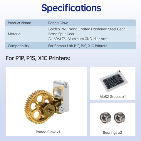 Specifications of Panda Claw Upgraded Brass Extruder Gear With Golden RNC Nano Coating for Bambu-Lab 3D Printers shown in box.