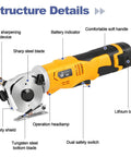Heavy Duty Cordless Electric Scissors With Safety Switch For Cutting Cardboard Boxes showing sharp steel blade and safety features.