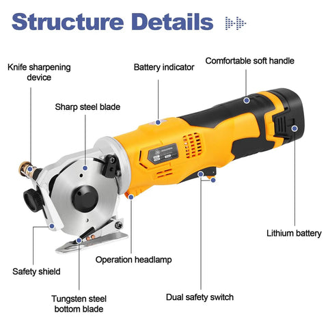 Heavy Duty Cordless Electric Scissors With Safety Switch For Cutting Cardboard Boxes showing sharp steel blade and safety features.