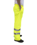 Side view of Hi Vis Waterproof Safety Rain Pants For Construction And Roadwork ANSI ISEA 107 Class E Level 2 Certified