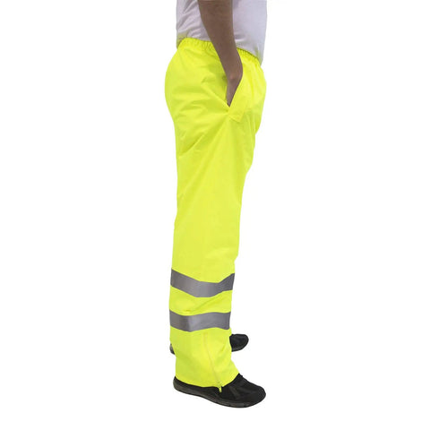 Side view of Hi Vis Waterproof Safety Rain Pants For Construction And Roadwork ANSI ISEA 107 Class E Level 2 Certified