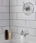 Elmhurst Shower Trim Kit with Tub Spout Chrome Finish Upgrade for Tub and Shower in modern bathroom corner setting