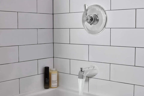 Elmhurst Shower Trim Kit with Tub Spout Chrome Finish Upgrade for Tub and Shower in modern bathroom corner setting