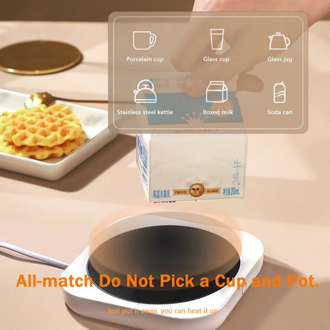 Smart Desk Electric Coffee Mug Warmer With Three Adjustable Heat Settings And Twelve Hour Auto Shut Off, used with various beverage containers.