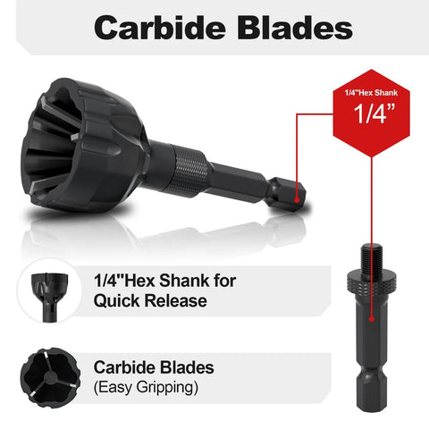 Side view of LATTHANT deburring external chamfer tool with 1/4 hex shank and carbide blade, 2-pack