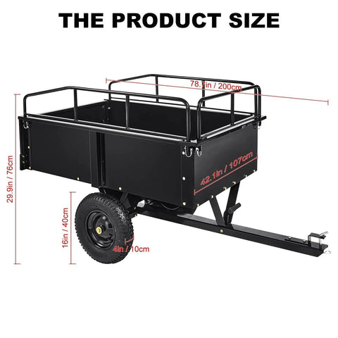 Beefy Heavy Duty Steel Dump Cart With 15 Cubic Feet Capacity dimensions, pull-behind for tractors and lawn mowers, black cart