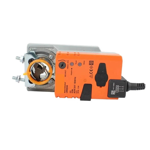 LMQ24A Damper Actuator With Straight Up Reliable 4Nm Torque Zero Hassle Setup And Rock Solid Durability Ideal For HVAC Airflow Adjustment, side view showing details.