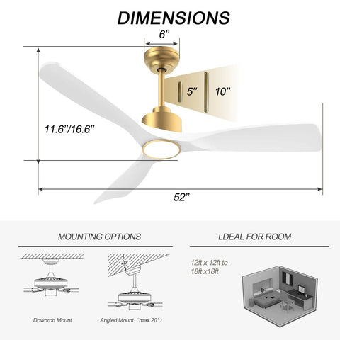 Dimensions and mounting options for 52 Inch Smart Ceiling Fan With Lights Remote Control Quiet DC Motor 3 Blades White Gold Modern Design For Bedroom And Living Room ETL Listed Safe For Your Home