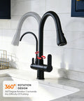 Kitchen Faucet 0196R in black with 360-degree rotation, installed at kitchen sink, showcasing user-friendly design.