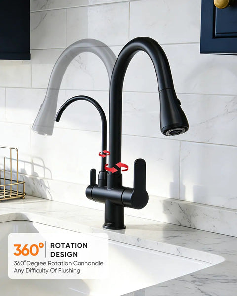Kitchen Faucet 0196R in black with 360-degree rotation, installed at kitchen sink, showcasing user-friendly design.