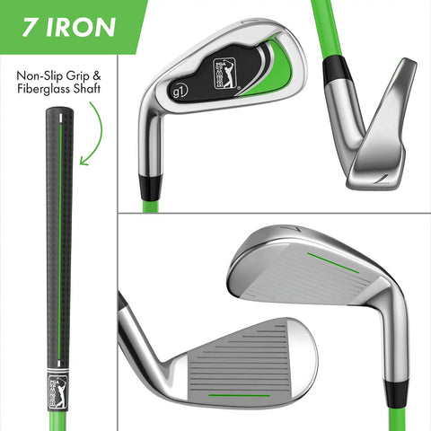 Junior Golf Club Set For Ages 3 To 5 Left Handed Beginner Starter Kit 7 iron close-up with non-slip grip and fiberglass shaft