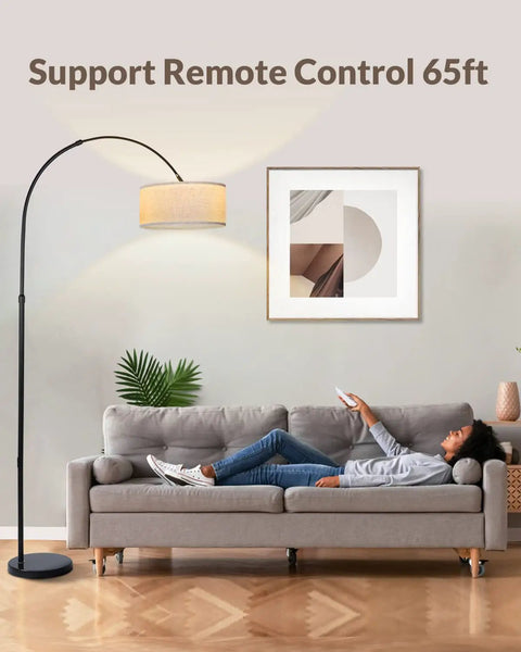 Living room with Arc Floor Lamp With Remote Control For Living Room And Bedroom, Stepless Dimmable 9W LED Bulb Included, adjustable gooseneck