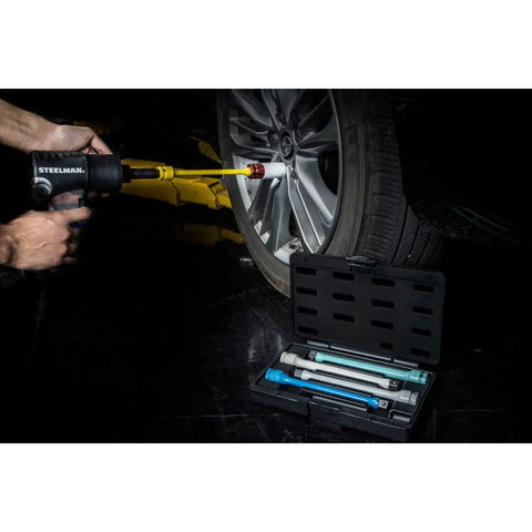 Half Inch Drive Torque Extension Set That Slaps, 8 Inch Long Sticks For Easy Clearance in use on car wheel