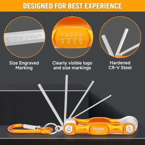 Top Tier 14-Piece Folding Hex Key Set With Metric And Torx Bits, Heavy Duty CR-V Steel Tools For Bike Repair And Hard Core Mechanics Jobs That Never Bend Or Strip And Built Tough For The Garage. folding hex key set with carabiner, CR-V steel, engraved sizes