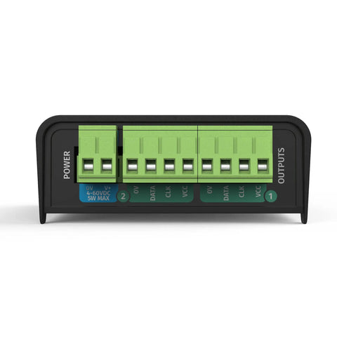 Front view of the OCTO Mk2 8 Universe eDMX To LED Pixel Converter And DMX Over Ethernet DIN Rail Controller connections.