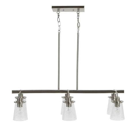 Six Light Industrial Linear Chandelier With Seedy Glass Diffusers In Brushed Nickel Finish, Edison Bulbs Recommended, Hardwired view