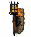 Medieval LED Torch Wall Sconce, Gothic Castle Flame-Effect Lamp with a twisted brown shaft and flame glow.