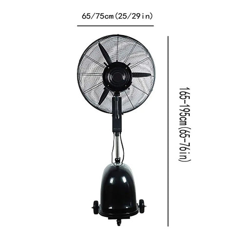 Heavy Duty Floor Misting Fan For Beat The Heat Adjustable Height Oscillating Stand Atomizer Zero Hassle with specs shown.