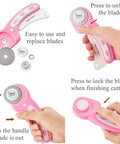 Various views of the 45mm Rotary Cutter With 5 Extra Blades, Ergonomic Grip, Safety Lock, used for fabric leather crafting sewing quilting.