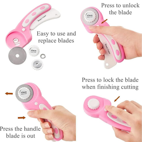 Various views of the 45mm Rotary Cutter With 5 Extra Blades, Ergonomic Grip, Safety Lock, used for fabric leather crafting sewing quilting.