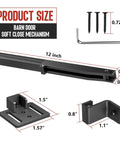 No-Drill Sliding Barn Door Soft Close Kit product dimensions, includes adjustable stopper, screws, and Allen wrench for flat track.