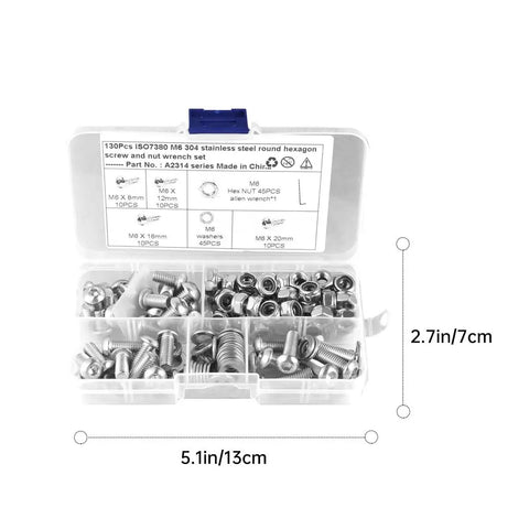 Pro Grade All In One Stainless Steel 304 Hex Bolts Nuts And Washers Kit 130 Piece Assortment in open case