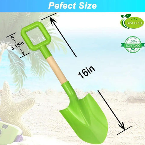 Green shovel from Beast Beach Sand Shovels For Kids And Adults, 16 Inch Wooden-Handled Spades, Durable Plastic Digging Tools, 2 Pack.