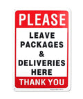 Leave Your Packages Here Heavy Duty Aluminum Front Porch Drop Off Sign 12X8 Inches with bold lettering and bright colors.