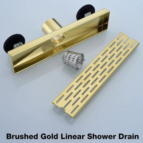 12 Inch Linear Shower Drain With Removable Brickwork Pattern Grate Adjustable Feet Hair Catcher Brushed Gold Finish Rectangular Floor Drain 2 Inch Outlet SUS 304 Stainless Steel