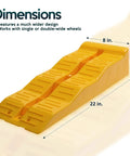 4 Pack Leveling Ramps For Cars And SUVs Anti Slip Wheel Chocks And Levelers For Camper Trailer On Uneven Ground Heavy Duty Stabilizers To Lift And Stabilize Your Ride, showing yellow ramp dimensions.