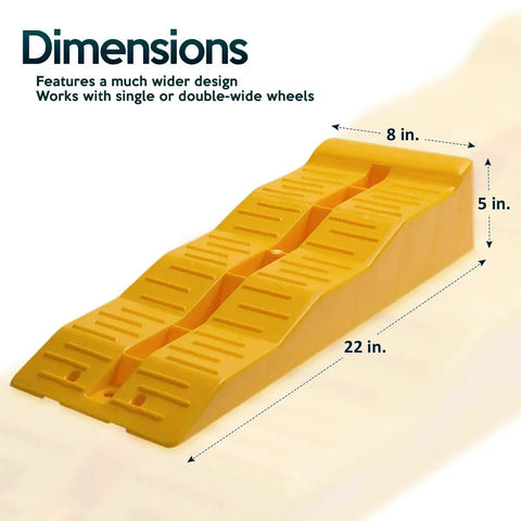 4 Pack Leveling Ramps For Cars And SUVs Anti Slip Wheel Chocks And Levelers For Camper Trailer On Uneven Ground Heavy Duty Stabilizers To Lift And Stabilize Your Ride, showing yellow ramp dimensions.