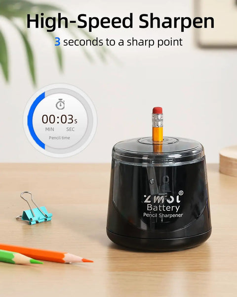 Portable Battery Powered Electric Pencil Sharpener 6 To 8mm For School And Home Use On The Go Black With Three Blades Two Spare Blades Included AA Battery Operated No USB Charging Required, black desk model
