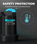 Submersible Water Pump 2250GPH for Basement Drainage and Pool Cleanup, Portable Electric Sump Pump With 1/3 HP Motor showing safety features.