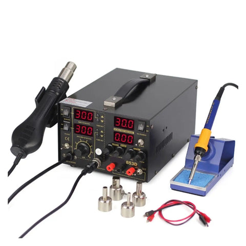Awesome 853D Dual Display Soldering Hot Air Rework Station With Power Supply for DIY electronics projects, showcasing digital displays and tools.