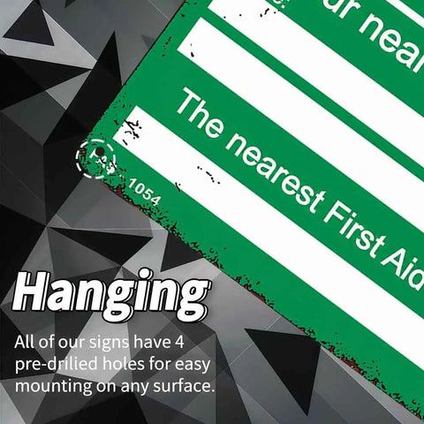 12 By 8 Inch Aluminum First Aid Contact Information Metal Sign showing hanging instructions and pre-drilled holes.