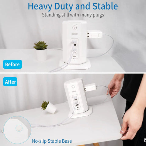 8-Outlet Tower Surge Protector With USB Charging Station on table showing before and after stability with no-slip base