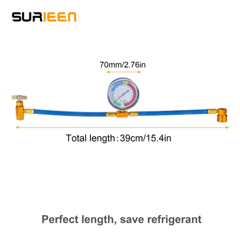 Diy Friendly AC Refrigerant Recharge Hose Kit With Gauge For R134A R22 R12 Includes Piercing Can Tap Valve Half Inch ACME Low Side Quick Coupler Fifteen Inch Hose And Two Point Seven Six Inch Gauge showcasing product dimensions.
