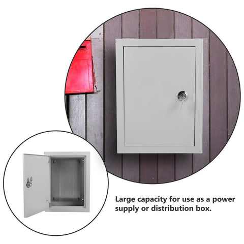 Weatherproof Outdoor Electrical Junction Box Metal Enclosure 300x400x160mm with mounting brackets on wall.
