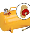 Air Tank Manifold Kit With Fill Port And Safety Valve, Aluminum Construction, Relief Bypass, visible on yellow carry tank